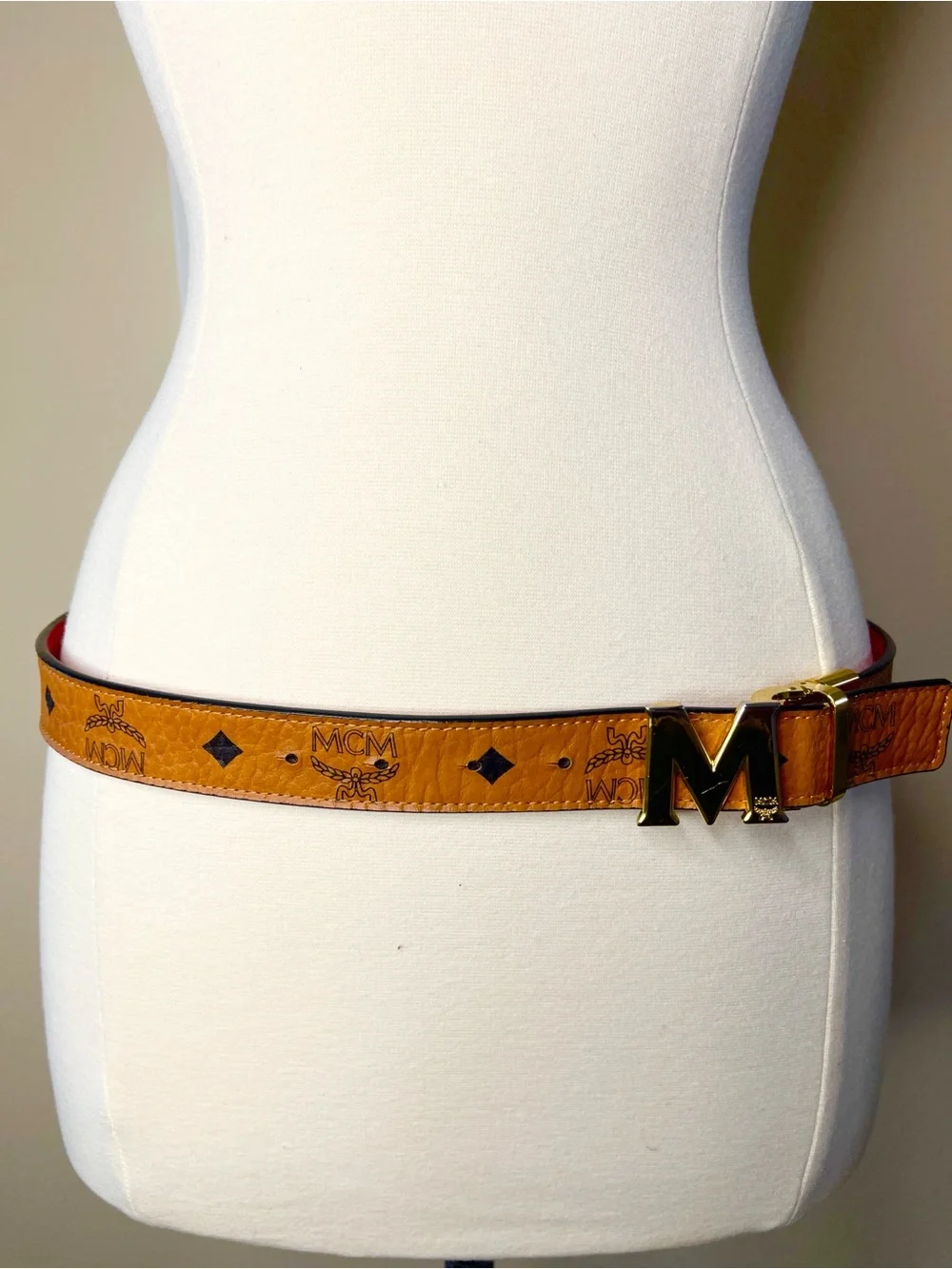 MCM reversible Cognac Monogram & red Leather Belt with Gold M Buckle